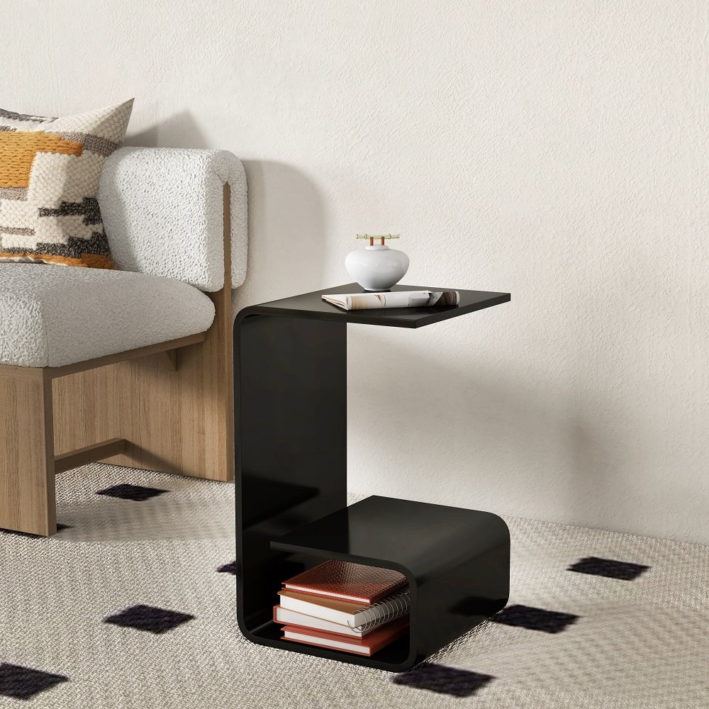Modern Black Acrylic End Table with Storage C-Shaped Side Table - 
