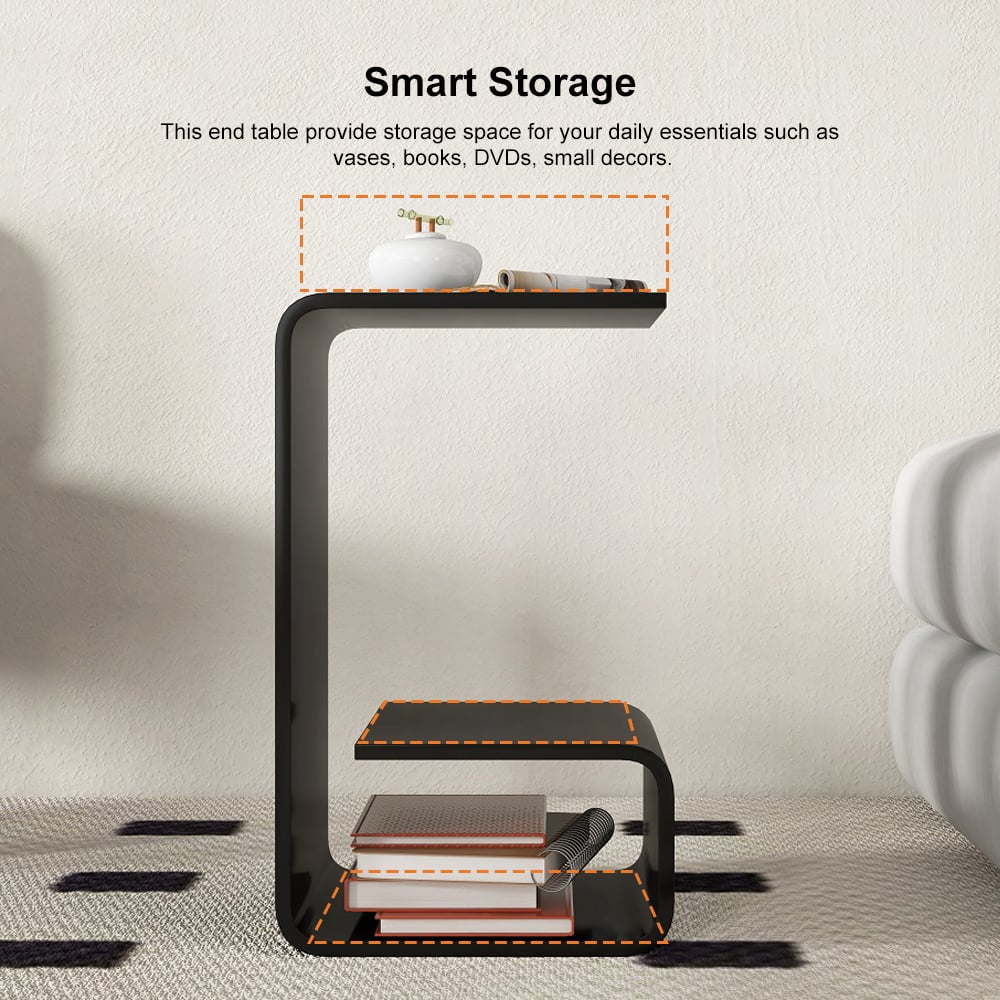 Modern Black Acrylic End Table with Storage C-Shaped Side Table - 