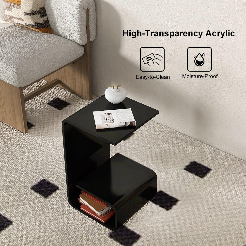 Modern Black Acrylic End Table with Storage C-Shaped Side Table - Homary