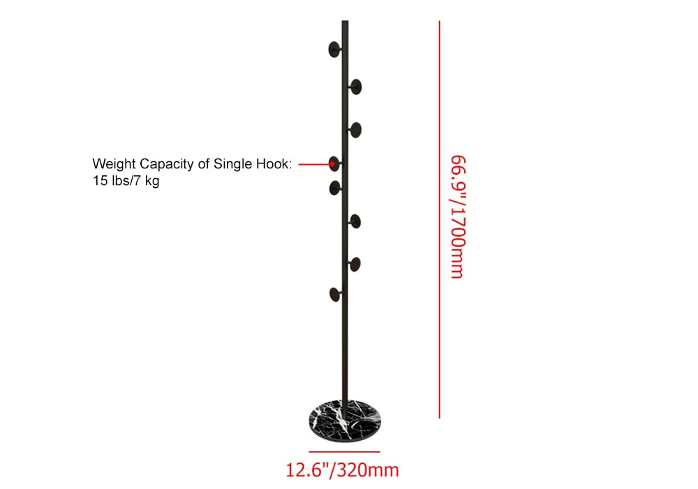 Modern Black Coat Stand Hallway Coat Hanger with Button Hooks - 