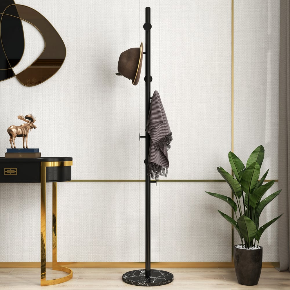 Modern Black Coat Stand Hallway Coat Hanger with Button Hooks - 