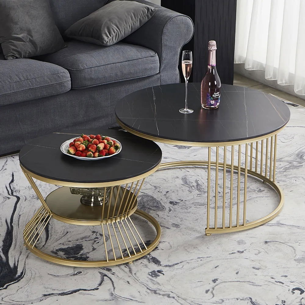 Modern Black & Gold Nesting Coffee Table Set with Sintered Stone Top 2-Piece Table - 