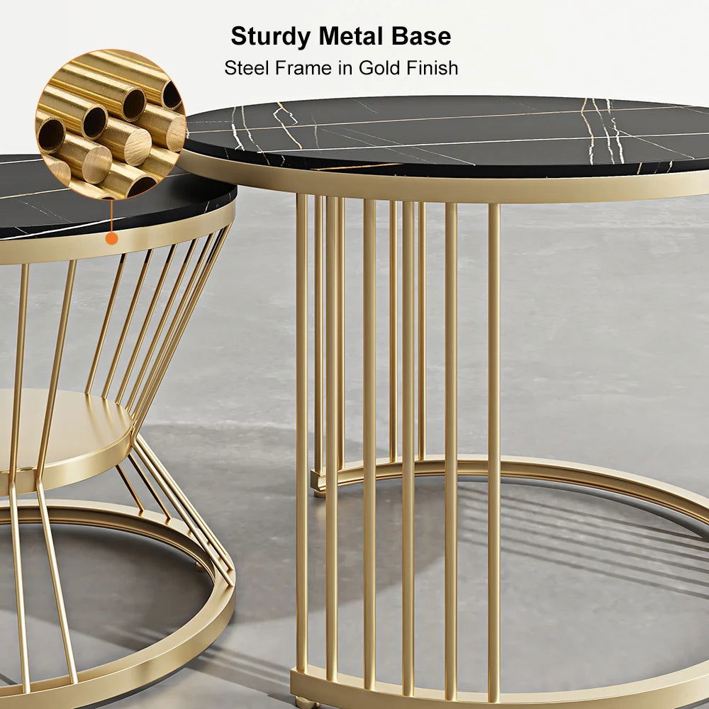 Modern Black & Gold Nesting Coffee Table Set with Sintered Stone Top 2-Piece Table - 