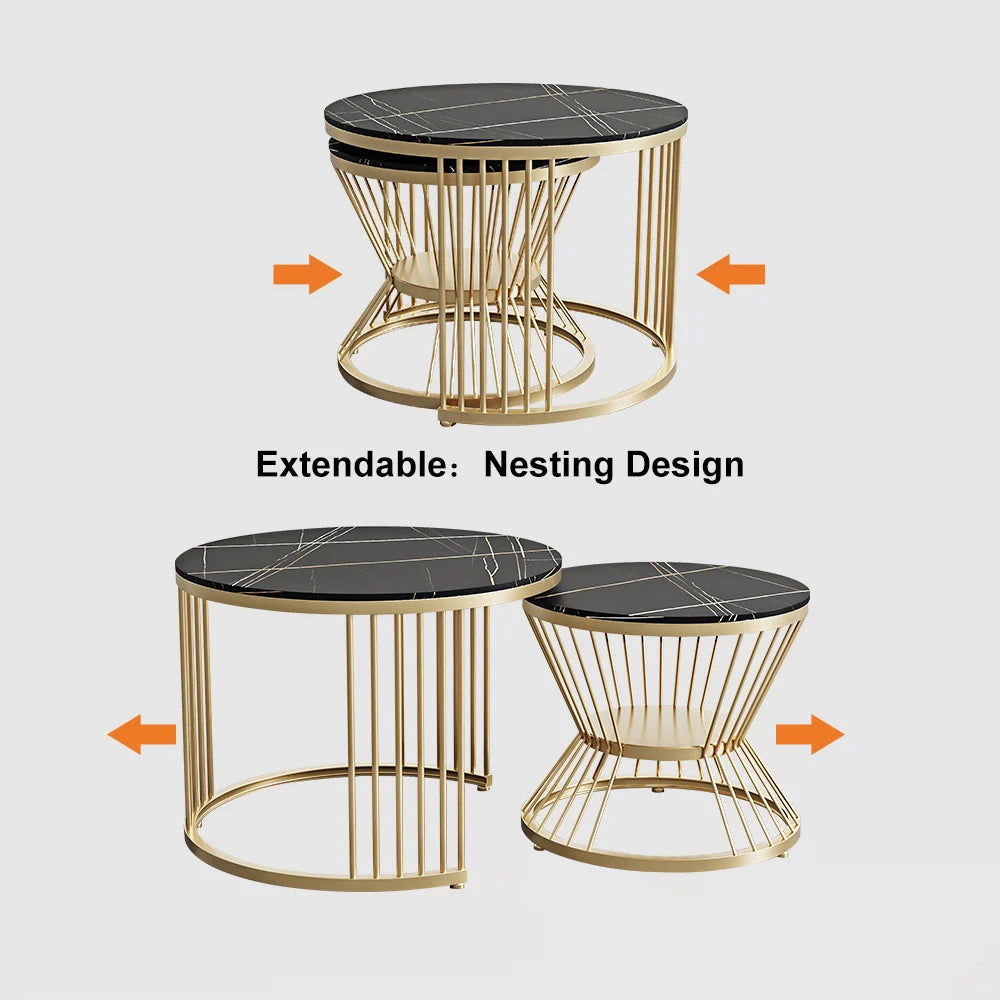 Modern Black & Gold Nesting Coffee Table Set with Sintered Stone Top 2-Piece Table - 