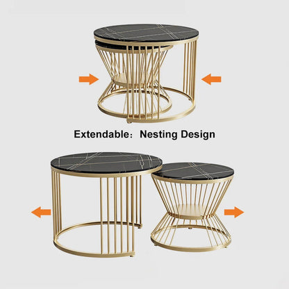 Modern Black & Gold Nesting Coffee Table Set with Sintered Stone Top 2-Piece Table - 