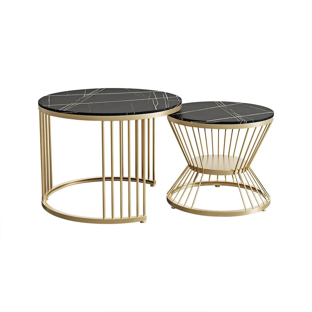Modern Black & Gold Nesting Coffee Table Set with Sintered Stone Top 2-Piece Table - 
