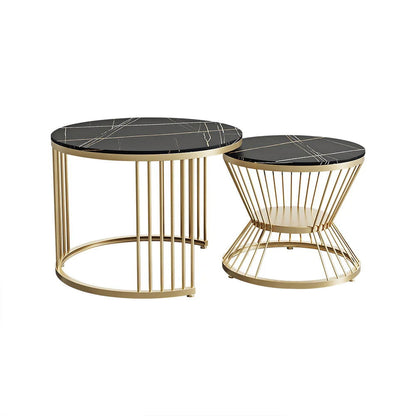 Modern Black & Gold Nesting Coffee Table Set with Sintered Stone Top 2-Piece Table - 