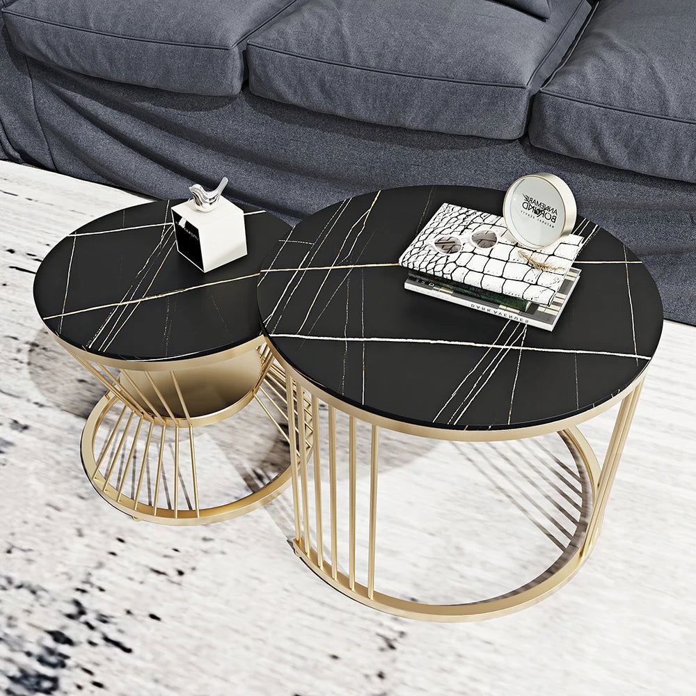 Modern Black & Gold Nesting Coffee Table Set with Sintered Stone Top 2-Piece Table - 