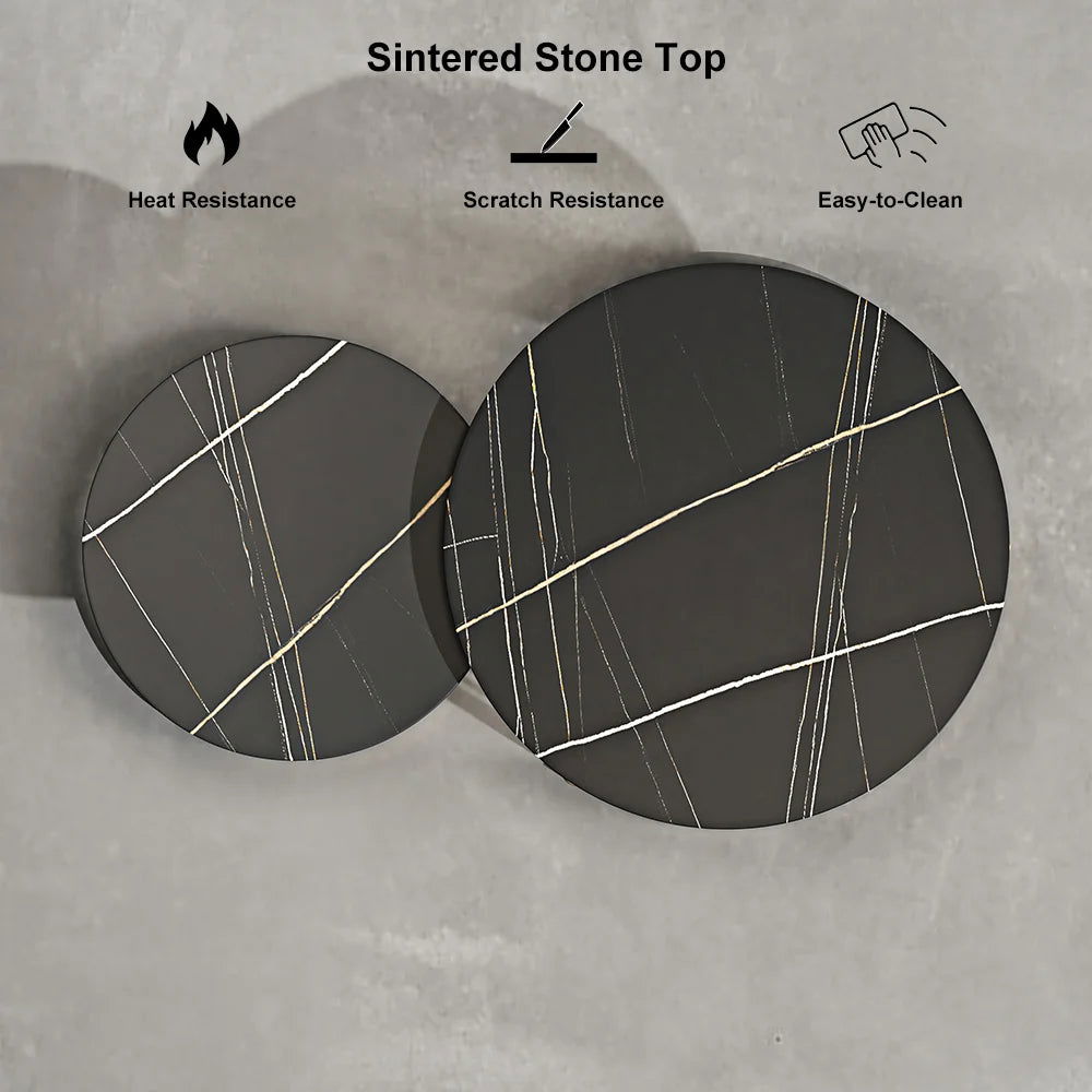 Modern Black & Gold Nesting Coffee Table Set with Sintered Stone Top 2-Piece Table - 