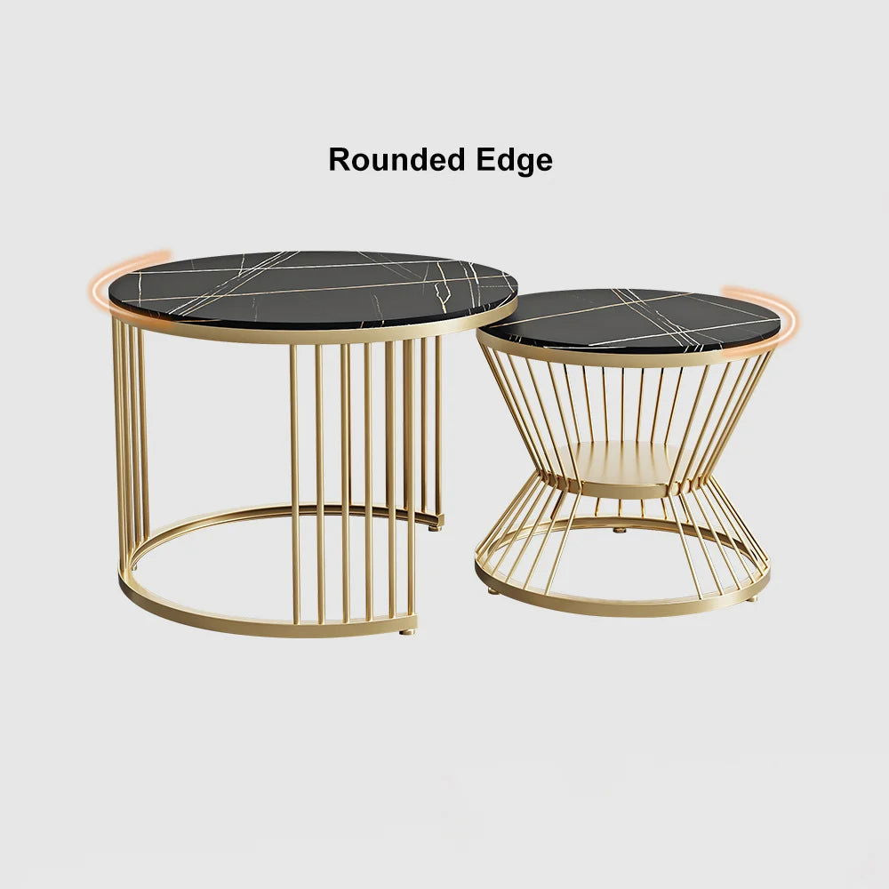 Modern Black & Gold Nesting Coffee Table Set with Sintered Stone Top 2-Piece Table - 