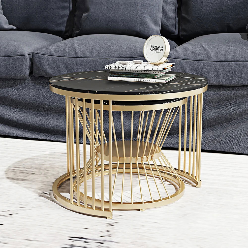 Modern Black & Gold Nesting Coffee Table Set with Sintered Stone Top 2-Piece Table - 