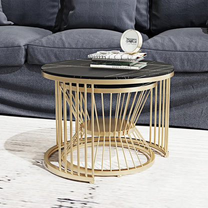 Modern Black & Gold Nesting Coffee Table Set with Sintered Stone Top 2-Piece Table - 