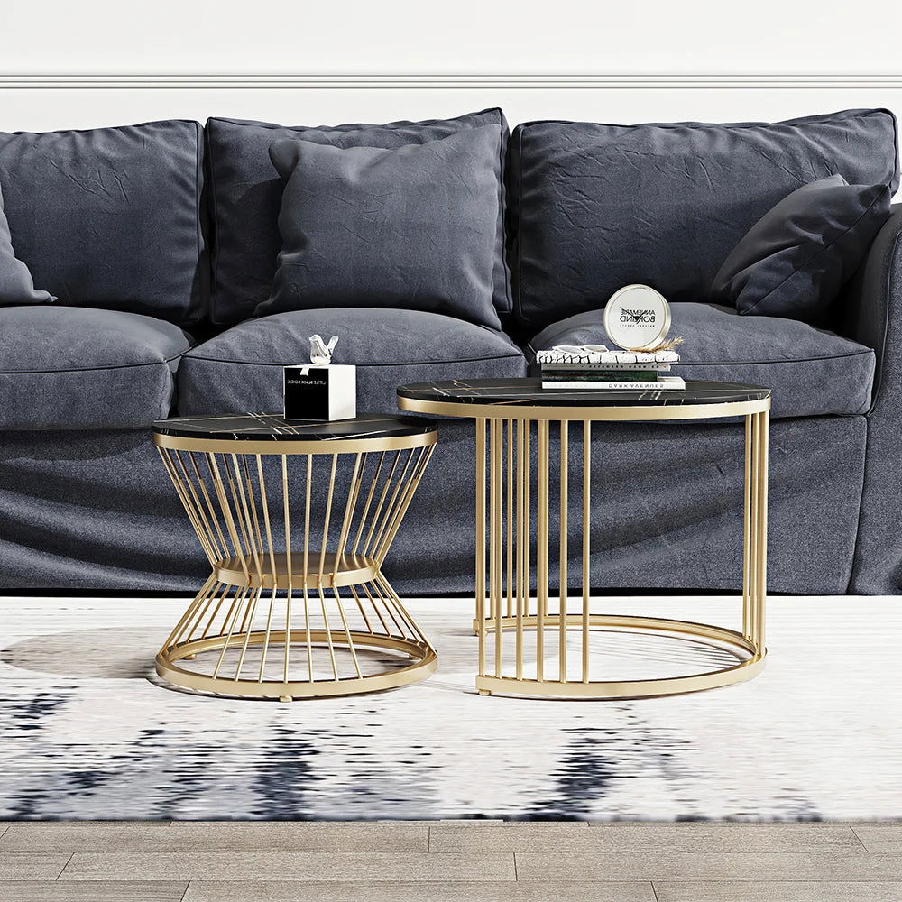 Modern Black & Gold Nesting Coffee Table Set with Sintered Stone Top 2-Piece Table - Homary