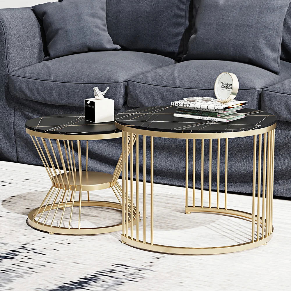 Modern Black & Gold Nesting Coffee Table Set with Sintered Stone Top 2-Piece Table - Homary