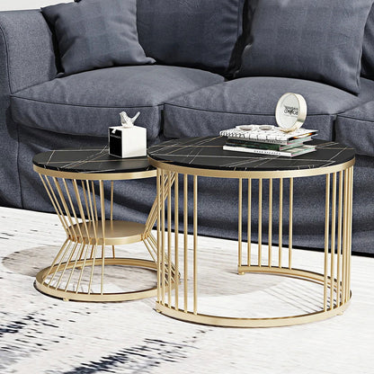 Modern Black & Gold Nesting Coffee Table Set with Sintered Stone Top 2-Piece Table - Homary