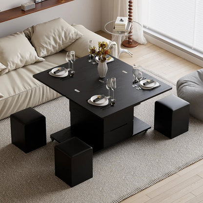 Modern Black Lift Top Coffee Table 4 in 1 with Storage Ottoman Foldable and Casters - 