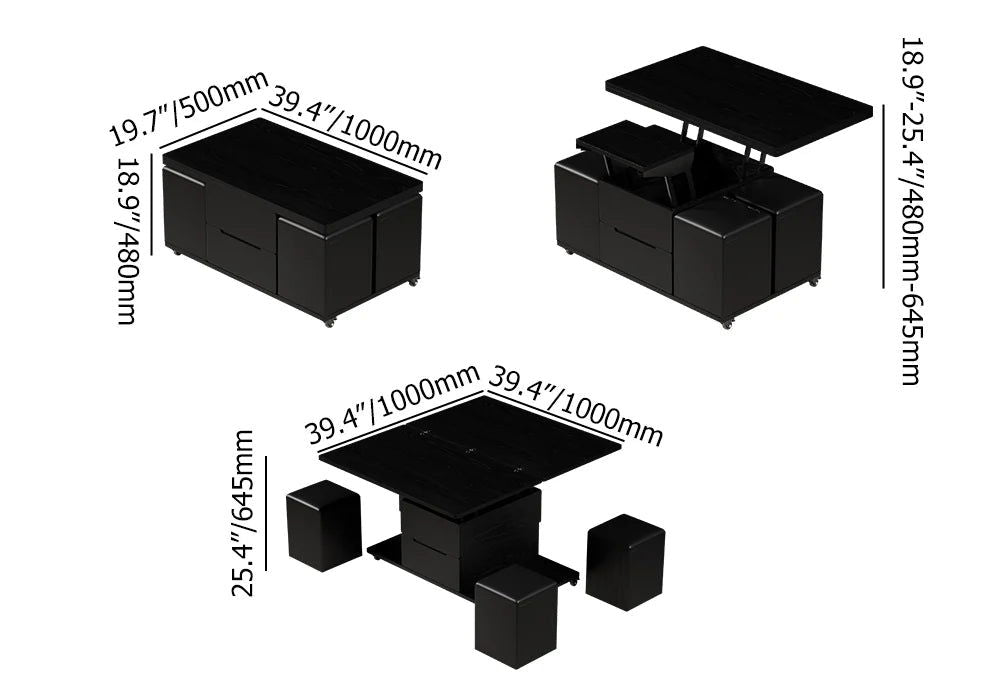 Modern Black Lift Top Coffee Table 4 in 1 with Storage Ottoman Foldable and Casters - 