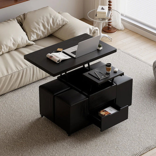 Modern Black Lift Top Coffee Table 4 in 1 with Storage Ottoman Foldable and Casters - Homary