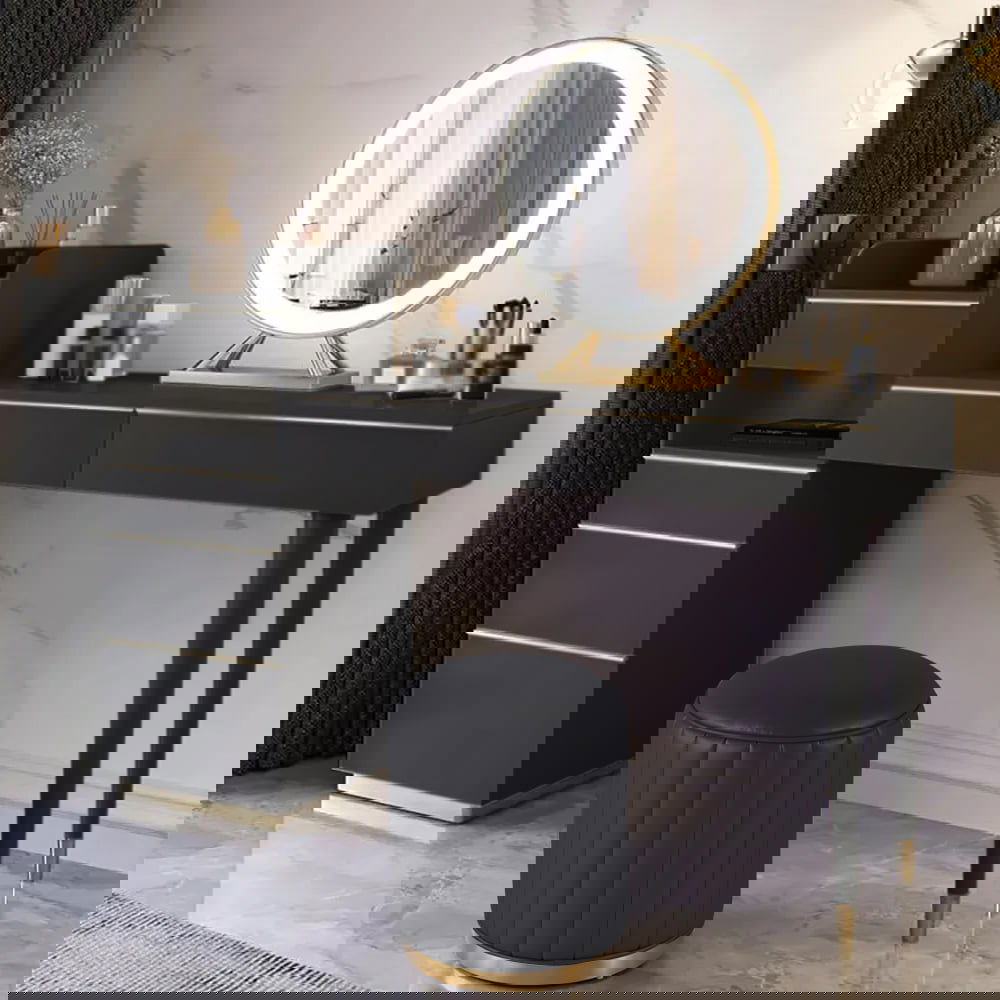 Modern Black Makeup Vanity Set Dressing Table with Lighted Mirror Cabinet & Stool - 