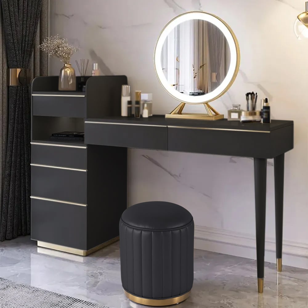 Modern Black Makeup Vanity Set Dressing Table with Lighted Mirror Cabinet & Stool - 