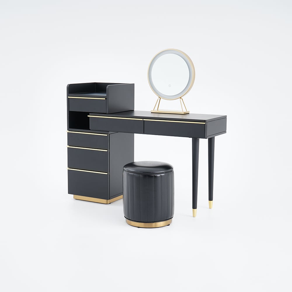 Modern Black Makeup Vanity Set Dressing Table with Lighted Mirror Cabinet & Stool - 