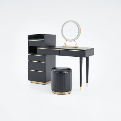 Modern Black Makeup Vanity Set Dressing Table with Lighted Mirror Cabinet & Stool - 
