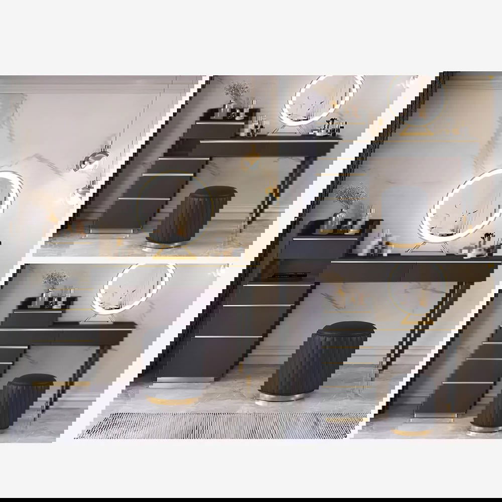 Modern Black Makeup Vanity Set Dressing Table with Lighted Mirror Cabinet & Stool - 