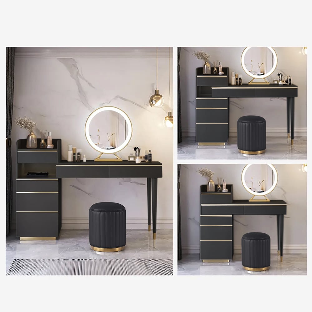 Modern Black Makeup Vanity Set Dressing Table with Lighted Mirror Cabinet & Stool - 