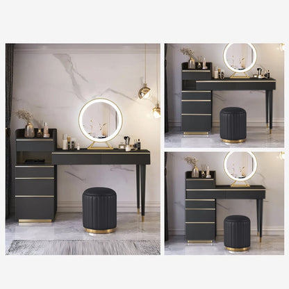 Modern Black Makeup Vanity Set Dressing Table with Lighted Mirror Cabinet & Stool - 