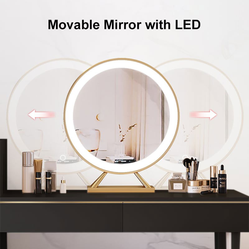 Modern Black Makeup Vanity Set Dressing Table with Lighted Mirror Cabinet & Stool - 