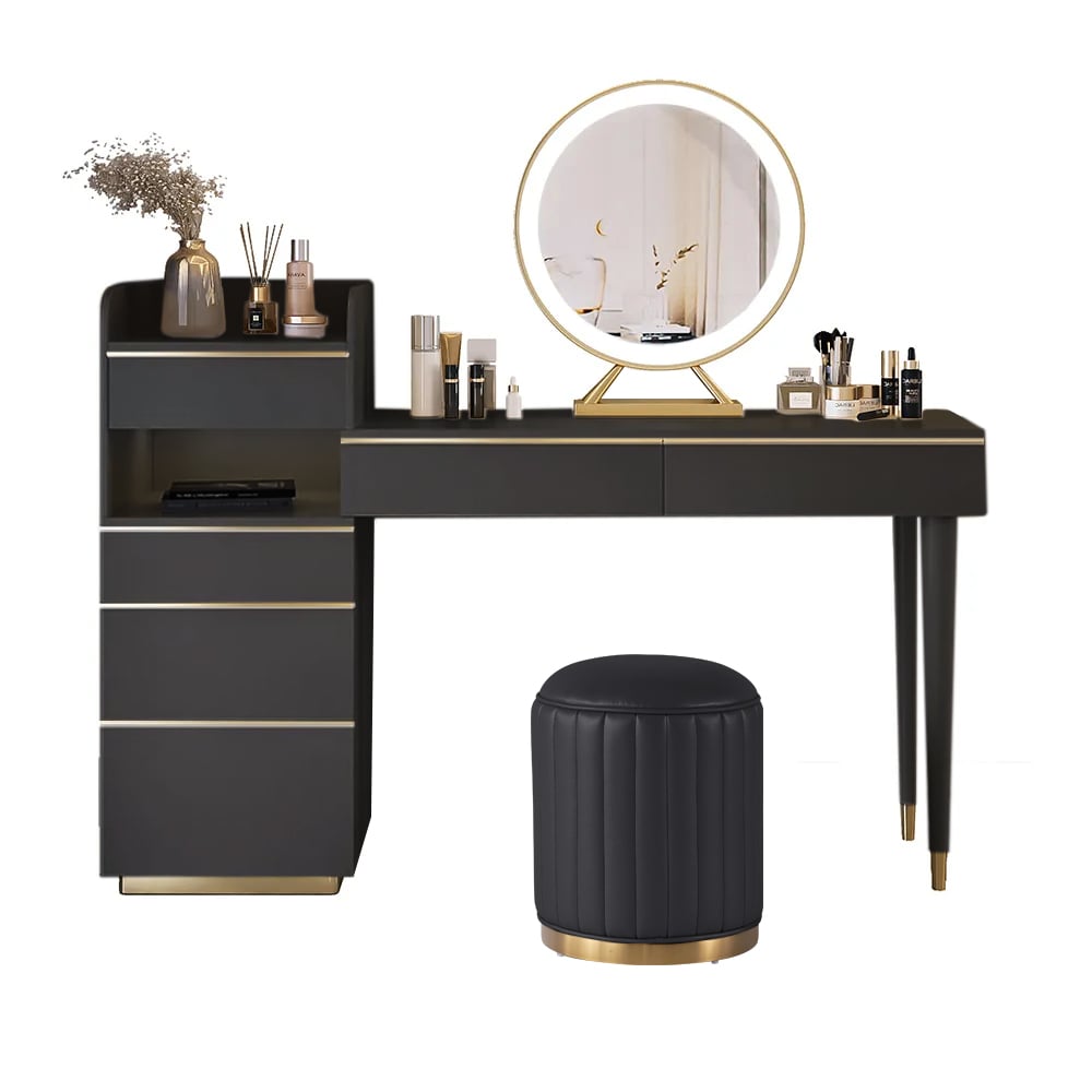 Modern Black Makeup Vanity Set Dressing Table with Lighted Mirror Cabinet & Stool - 