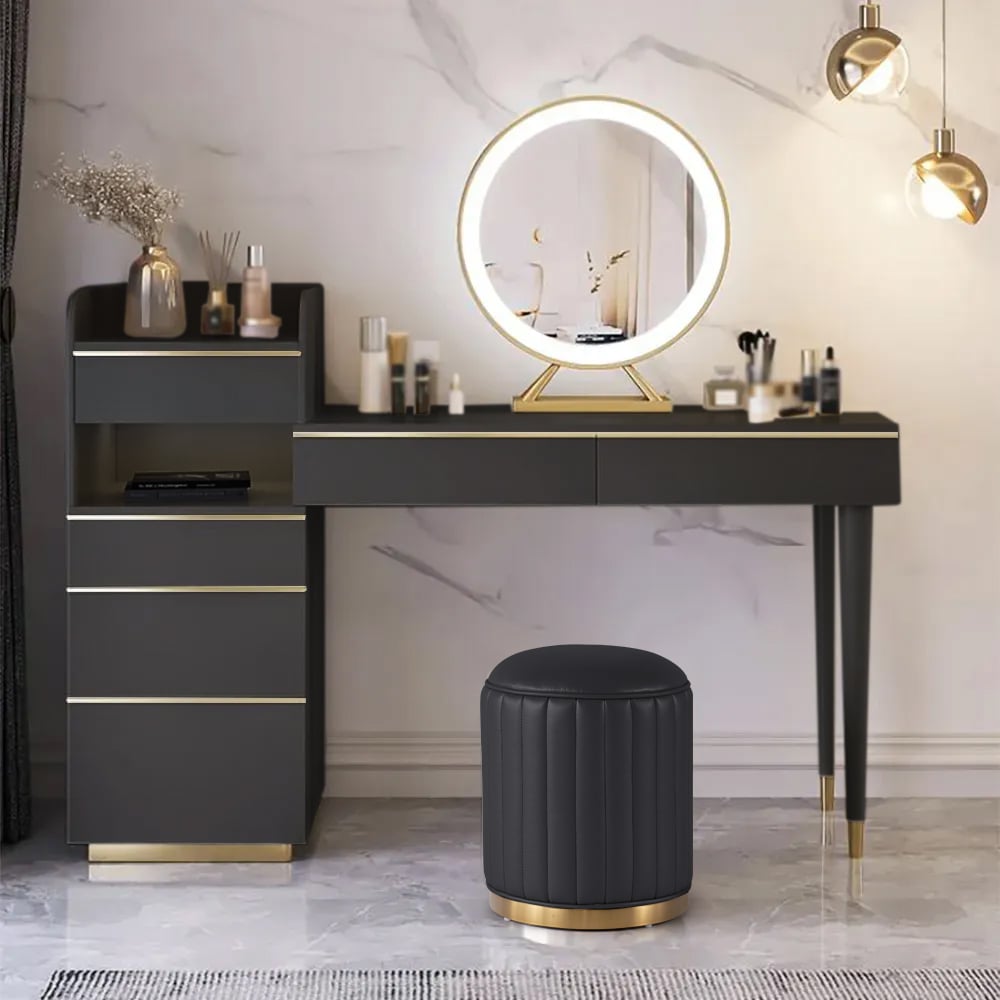 Modern Black Makeup Vanity Set Dressing Table with Lighted Mirror Cabinet & Stool - Homary