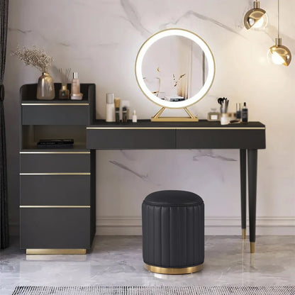 Modern Black Makeup Vanity Set Dressing Table with Lighted Mirror Cabinet & Stool - Homary