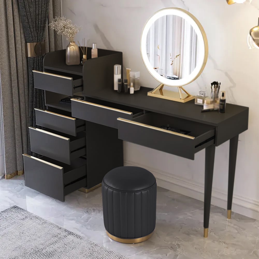 Modern Black Makeup Vanity Set Dressing Table with Lighted Mirror Cabinet & Stool - Homary
