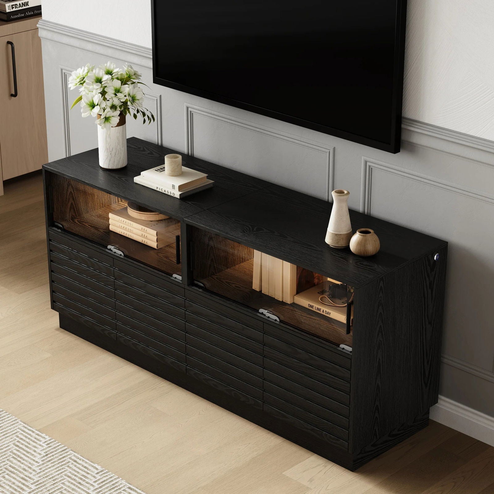 Modern Black Rectangular Acrylic LED Lights TV Stand with Storage Media Console - 