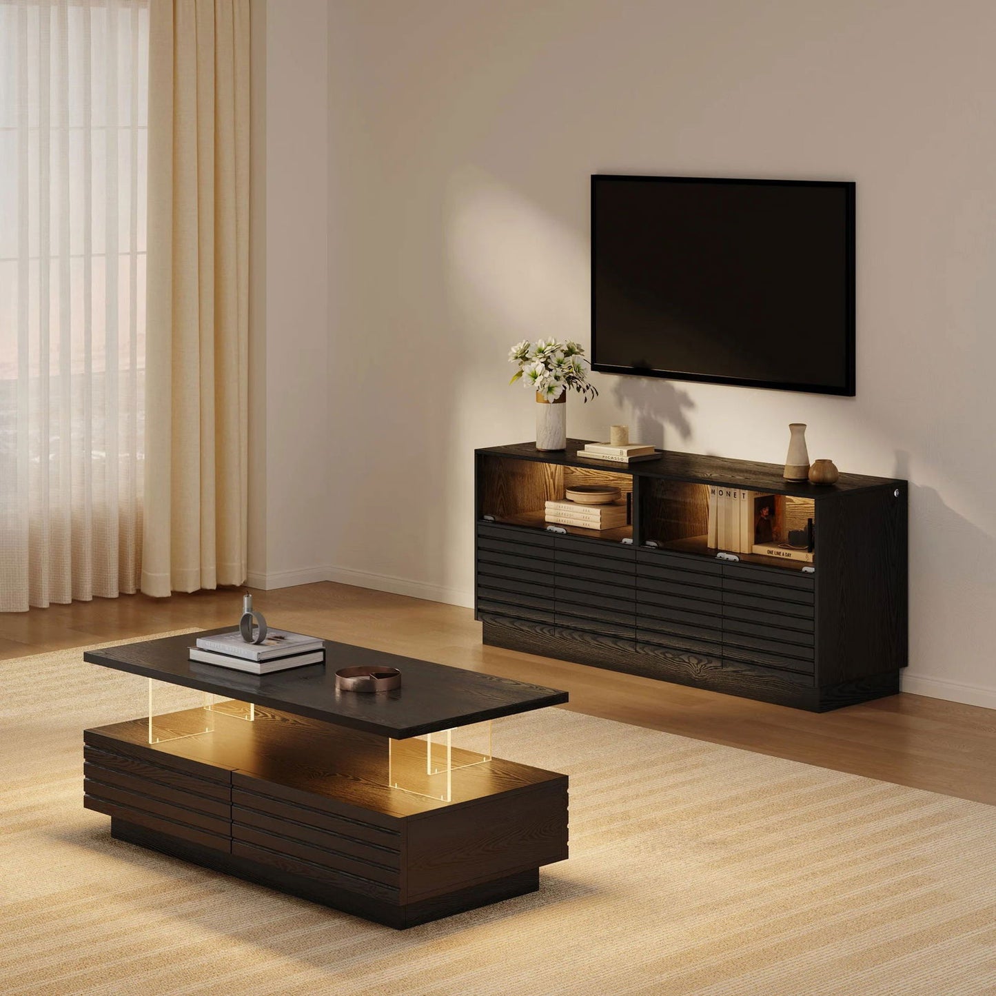 Modern Black Rectangular Acrylic LED Lights TV Stand with Storage Media Console - Approved By Design