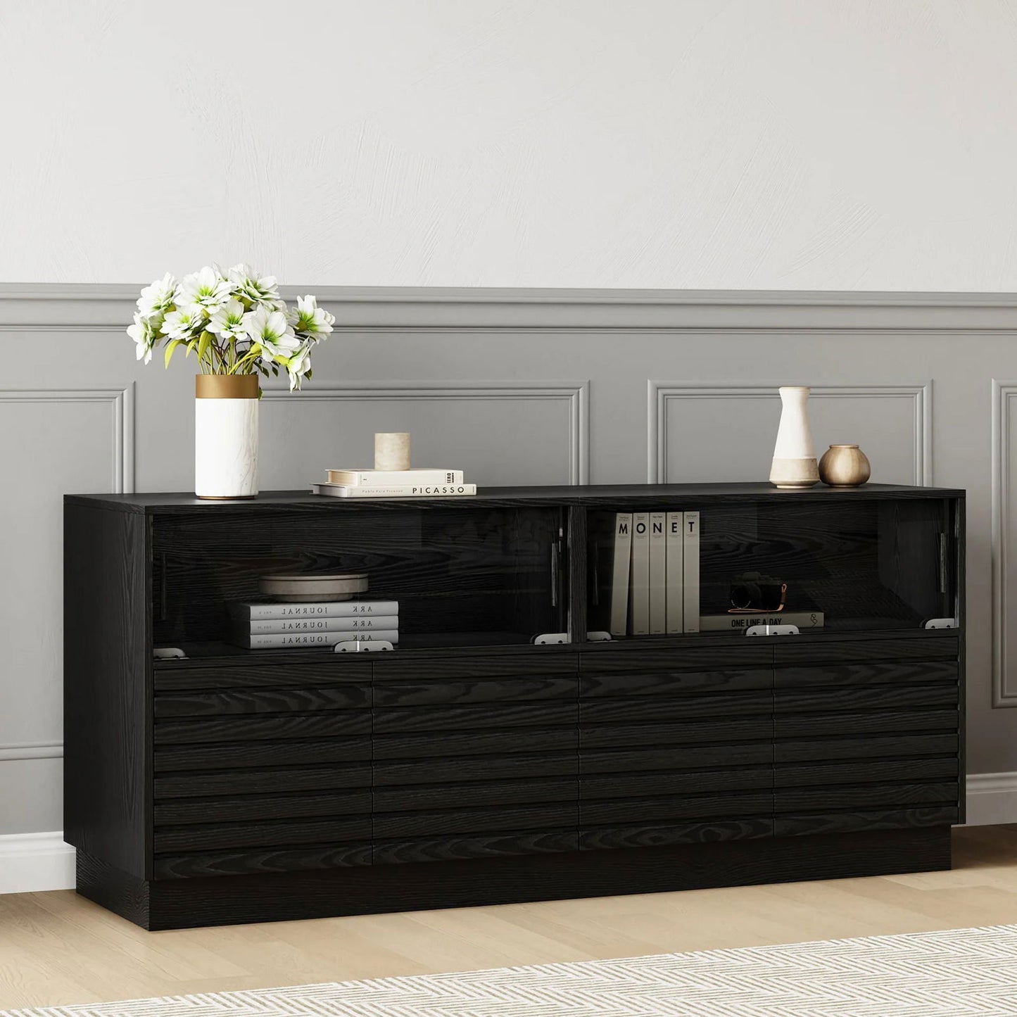 Modern Black Rectangular Acrylic LED Lights TV Stand with Storage Media Console - Approved By Design