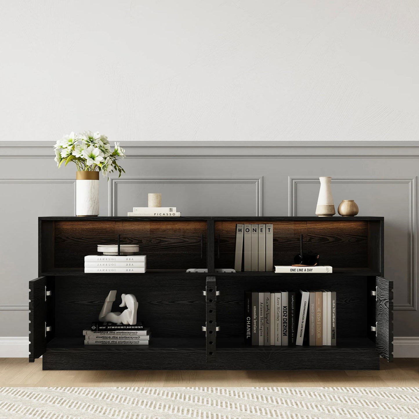 Modern Black Rectangular Acrylic LED Lights TV Stand with Storage Media Console - Homary