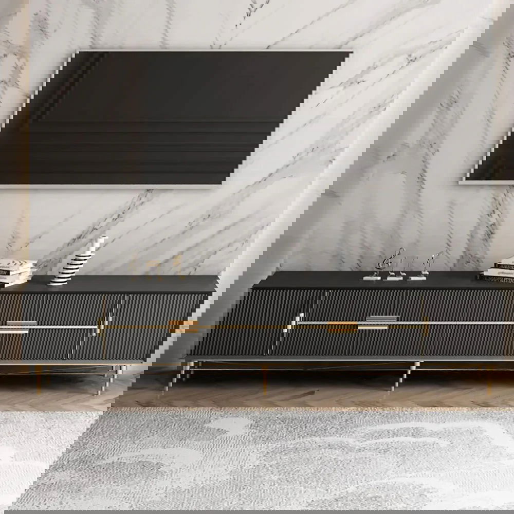 Modern Black TV Stand 4-Drawer 2-Door Media Console Gold Finish in Large - Approved By Design