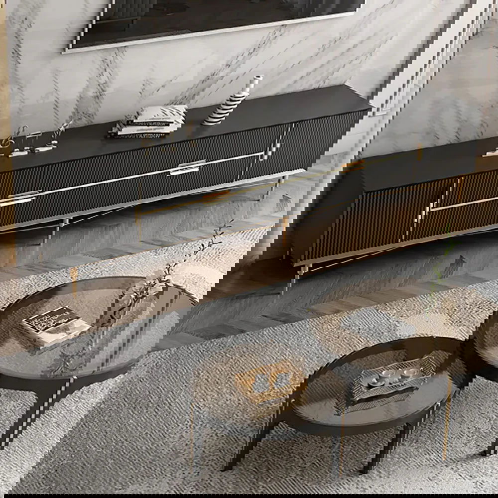 Modern Black TV Stand 4-Drawer 2-Door Media Console Gold Finish in Large - Approved By Design