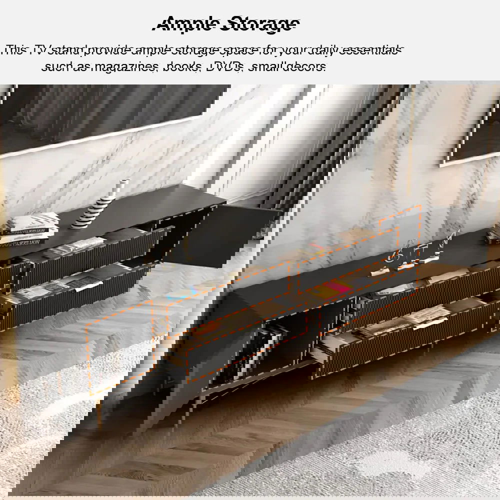 Modern Black TV Stand 4-Drawer 2-Door Media Console Gold Finish in Large - Approved By Design