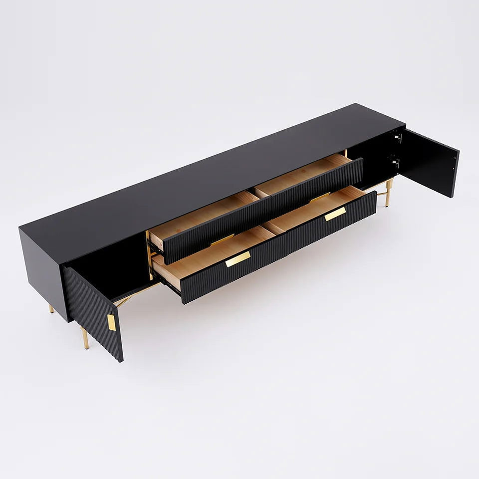 Modern Black TV Stand 4-Drawer 2-Door Media Console Gold Finish in Large - Approved By Design