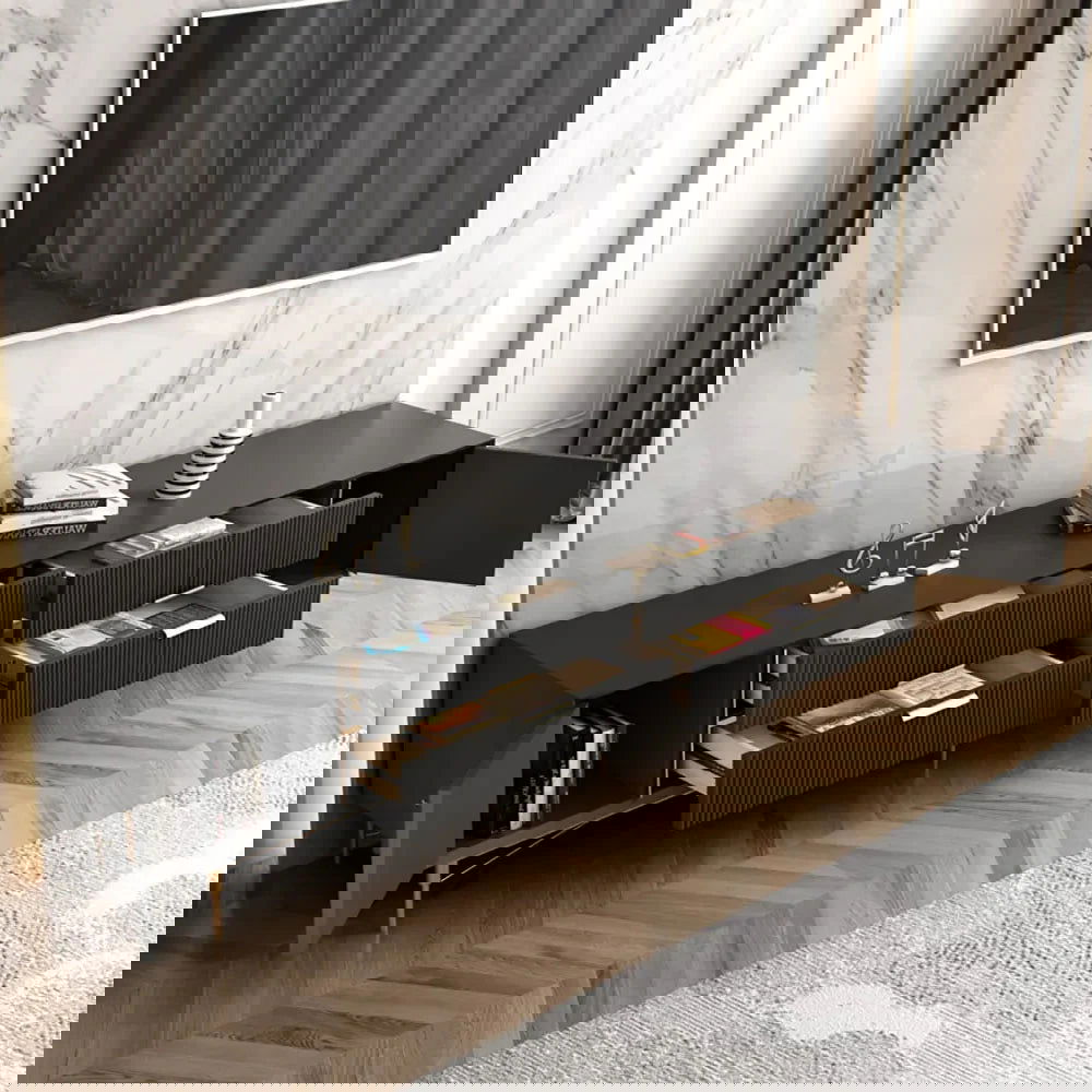 Modern Black TV Stand 4-Drawer 2-Door Media Console Gold Finish in Large - Approved By Design