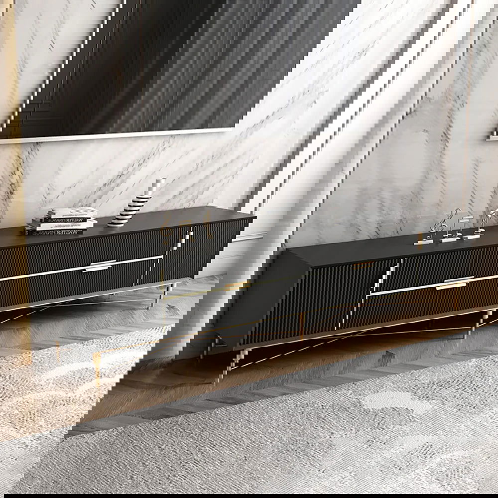 Modern Black TV Stand 4-Drawer 2-Door Media Console Gold Finish in Large - Approved By Design