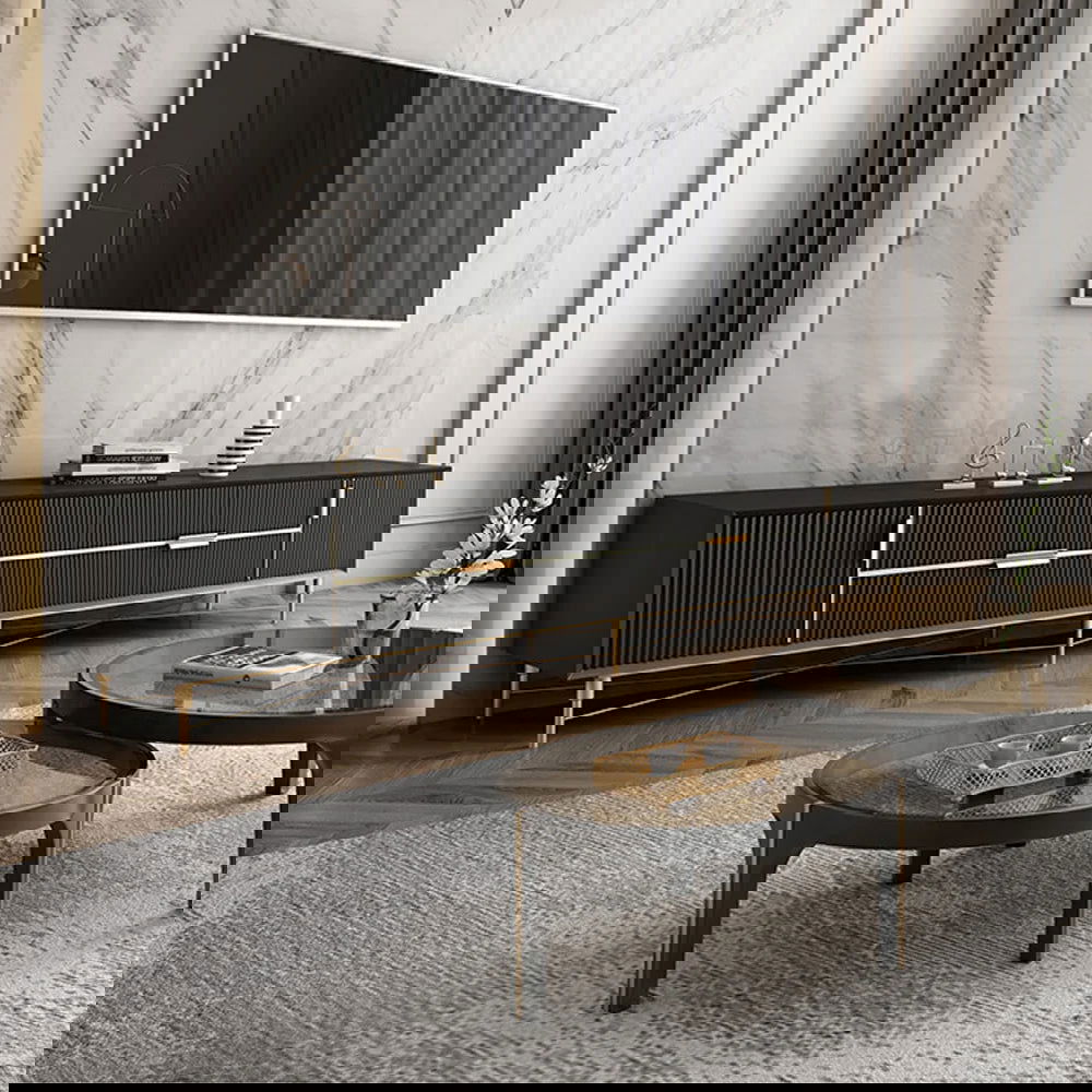 Modern Black TV Stand 4-Drawer 2-Door Media Console Gold Finish in Large - Approved By Design