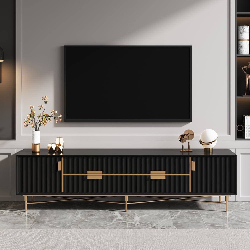 Modern Black TV Stand for 2159mm TVs with 4 Drawers & Doors MDF - 