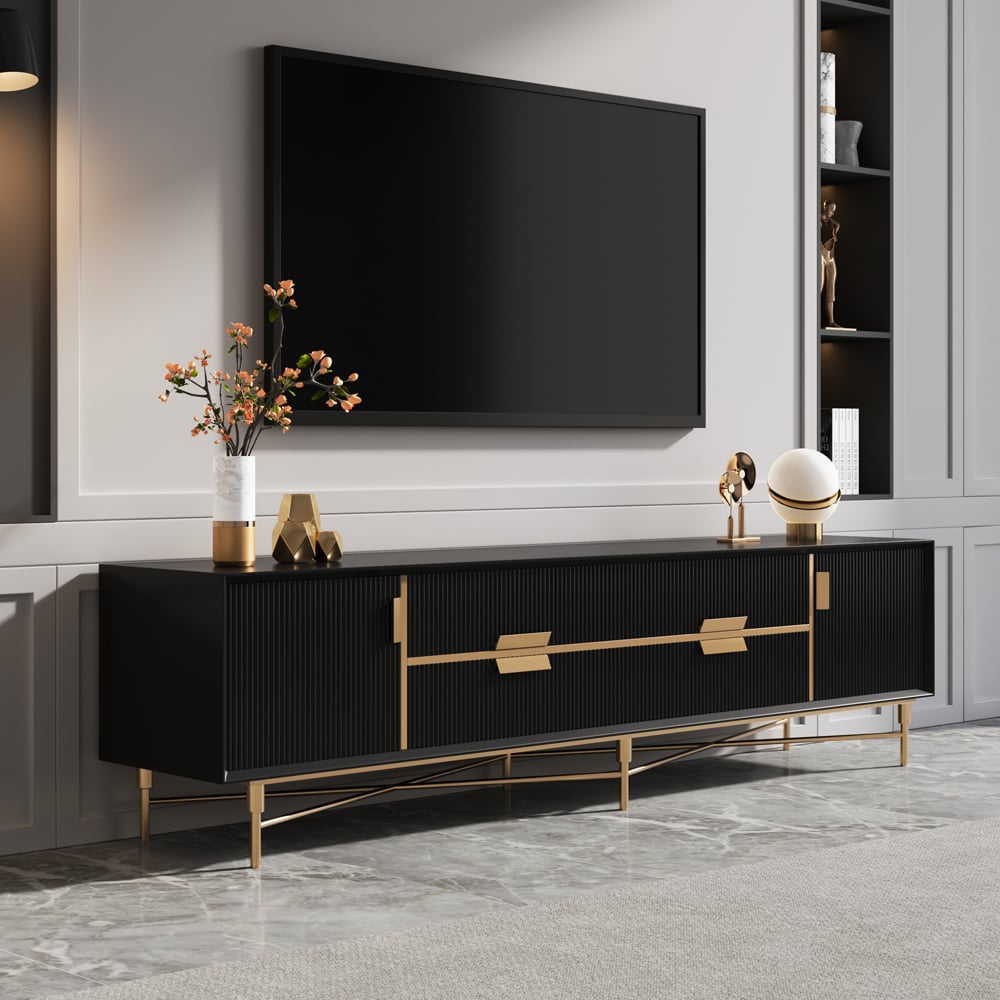 Modern Black TV Stand for 2159mm TVs with 4 Drawers & Doors MDF - 