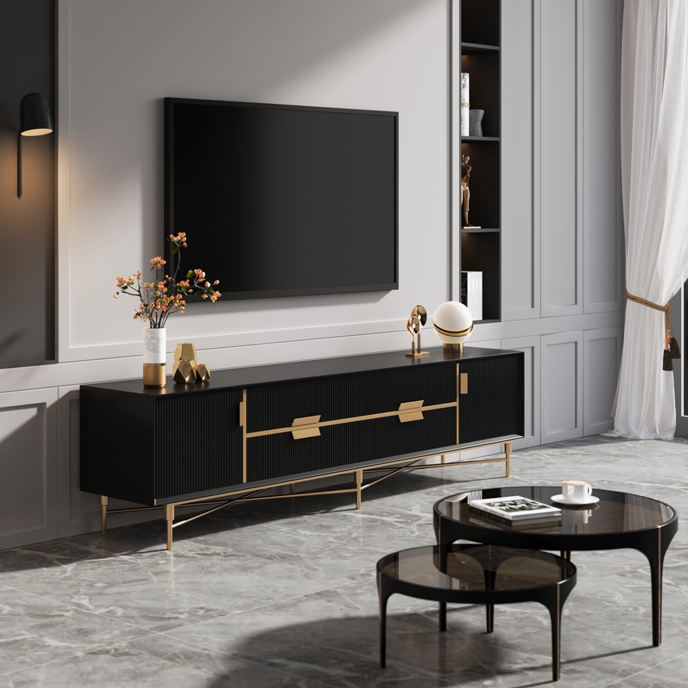 Modern Black TV Stand for 2159mm TVs with 4 Drawers & Doors MDF - 