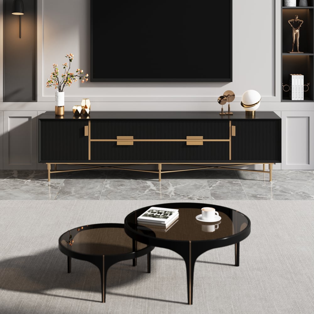 Modern Black TV Stand for 2159mm TVs with 4 Drawers & Doors MDF - 