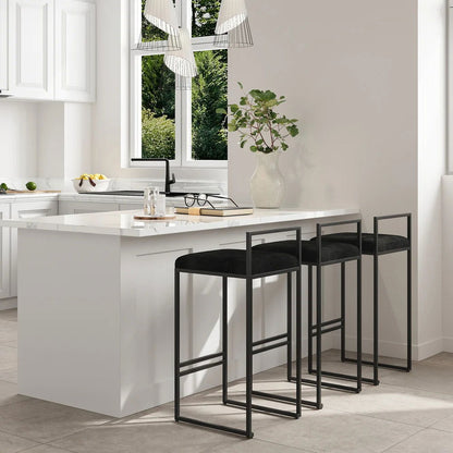 Modern Black Velvet Counter Stool Set of 2 with Back & Footrest - 